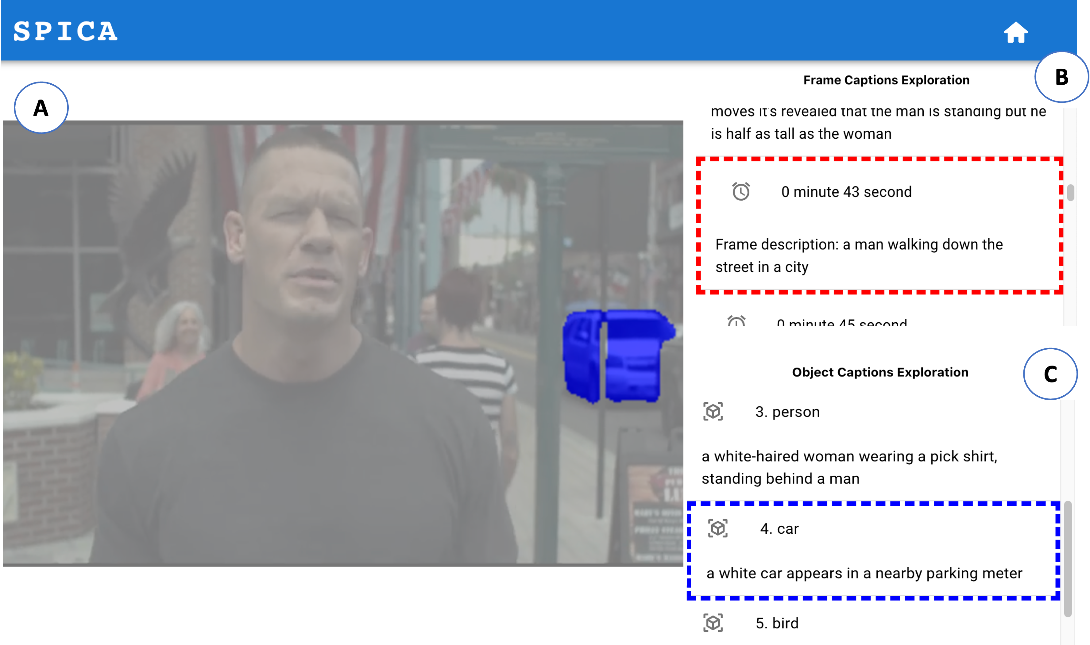 SPICA: Interactive Video Content Exploration through Augmented Audio Descriptions for Blind or Low-Vision Viewers.